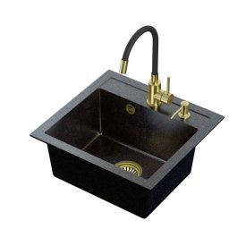   ART JOHNNY fekete arany gránit mosogató gold Black Pearl szifonnal, Maggie  csappal,arany színű adagoló
